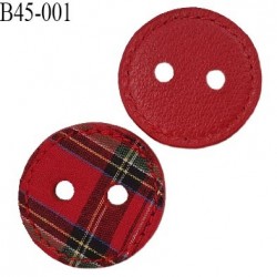Bouton 45 mm couleur rouge avec tissus cousu motif écossais sur une face et effet cuir sur l'autre face 2 trous prix à l'unité
