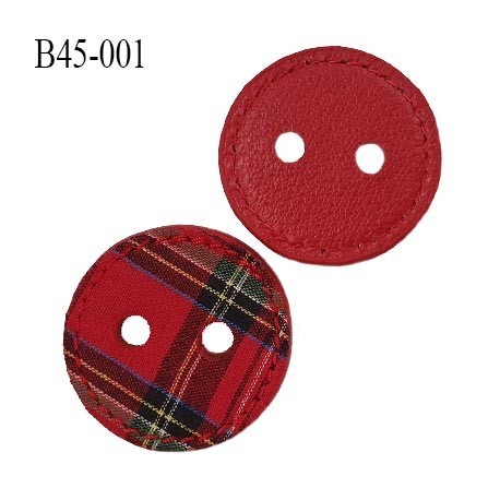 Bouton 45 mm couleur rouge avec tissus cousu motif écossais sur une face et effet cuir sur l'autre face 2 trous prix à l'unité