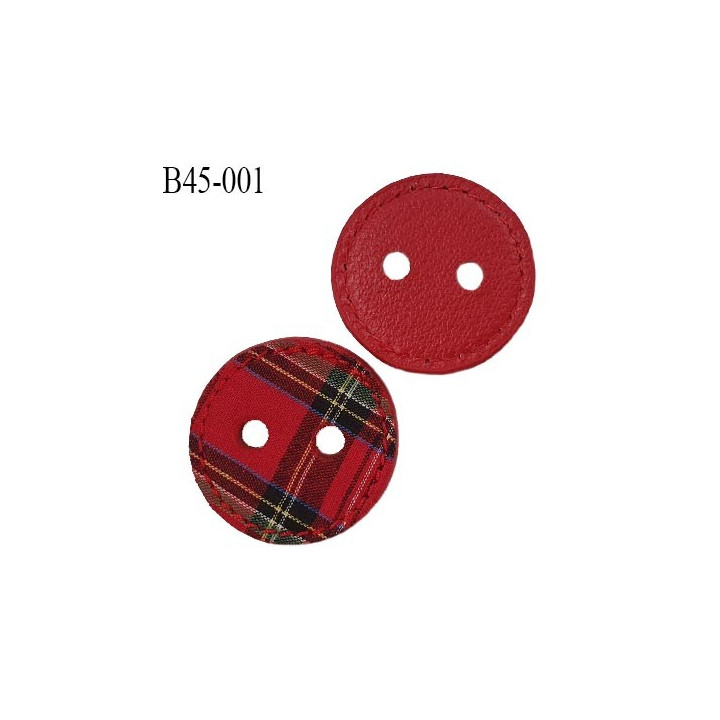 Bouton 45 mm couleur rouge avec tissus cousu motif écossais sur une face et effet cuir sur l'autre face 2 trous prix à l'unité