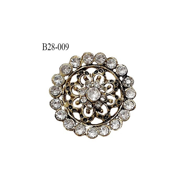 Bouton 28 mm en métal couleur laiton et strass couleur blanc argenté accroche avec un anneau prix à l'unité