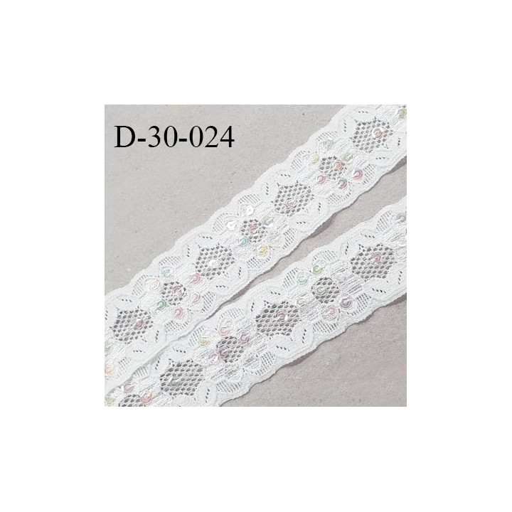 Dentelle 40 mm lycra extensible couleur blanc avec sequins cousus largeur 30 mm prix au mètre