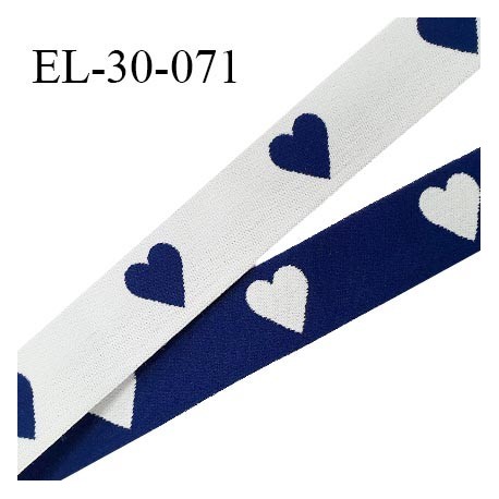 Elastique 30 mm spécial lingerie sport et caleçon motifs coeurs couleur bleu marine et blanc haut de gamme prix au mètre