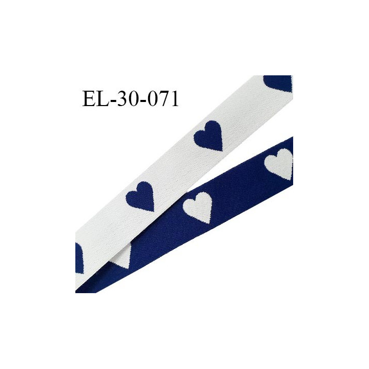 Elastique 30 mm spécial lingerie sport et caleçon motifs coeurs couleur bleu marine et blanc haut de gamme prix au mètre