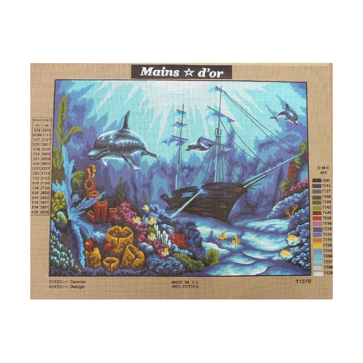 Canevas à broder 50 x 60 cm marque MAINS D'OR thème "dauphins à l'épave"