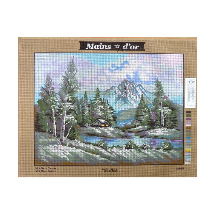 Canevas à broder 50 x 60 cm marque MAINS D'OR thème "cabane dans la foret"
