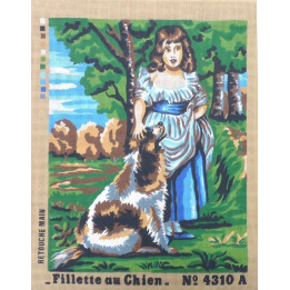 Canevas à broder 50 x 60 cm  thème FILLETTE AU CHIEN retouché main