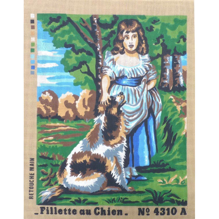 Canevas à broder 50 x 60 cm  thème FILLETTE AU CHIEN retouché main