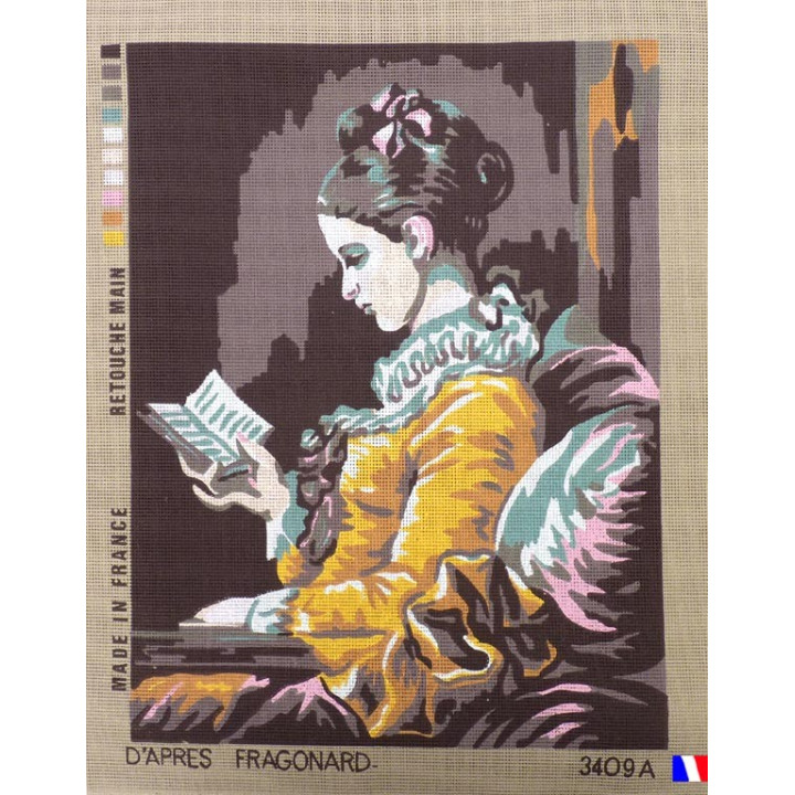 Canevas à broder 50 x 60 cm  thème JEUNE FILLE LISANT d'après Fragonard retouché main made in France