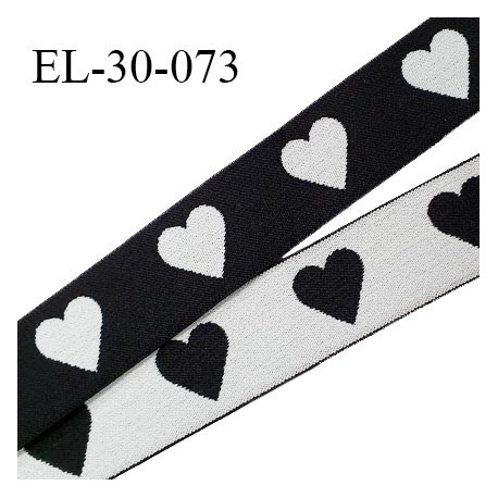 Elastique 30 mm spécial lingerie sport et caleçon oeko tex motifs coeurs couleur noir et blanc prix au mètre