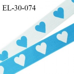 Elastique 30 mm spécial lingerie sport et caleçon oeko tex motifs coeurs couleur bleu turquoise et blanc prix au mètre