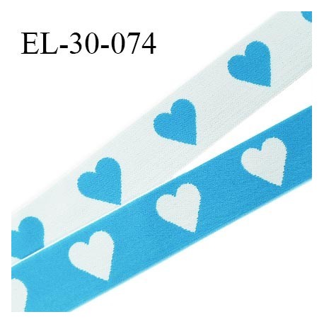 Elastique 30 mm spécial lingerie sport et caleçon oeko tex motifs coeurs couleur bleu et blanc prix au mètre