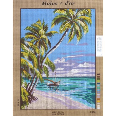 Canevas à broder 50 x 60 cm marque MAINS D'OR thème "plage tropicale palmiers"