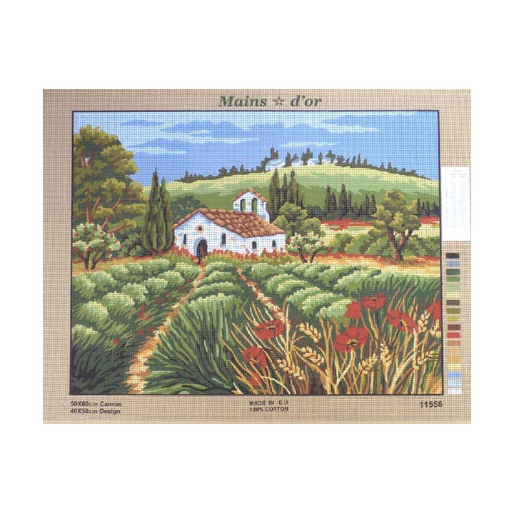 Canevas à broder 50 x 60 cm marque MAINS D'OR thème "église provençale au milieu des champs"
