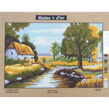 Canevas à broder 40 x 60 cm marque MAINS D'OR thème "chaumière au bord de la rivière"