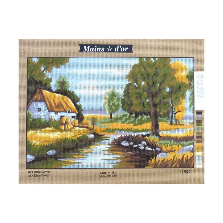 Canevas à broder 40 x 60 cm marque MAINS D'OR thème "chaumière au bord de la rivière"