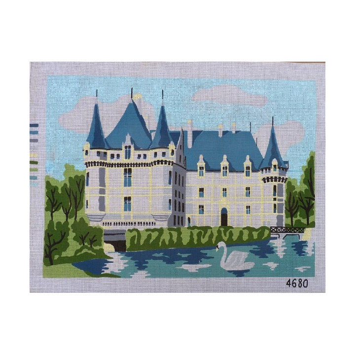 Canevas à broder 40 x 60 cm thème "AZAY LE RIDEAU chateau de la Loire " finition retouché à la main artisanale