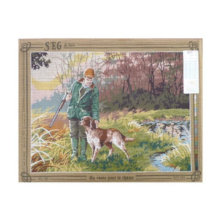Canevas à broder 45 x 60 cm marque SEG thème en route pour la chasse fabrication française