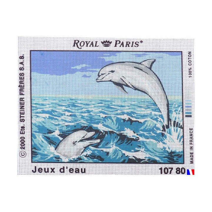 Canevas à broder 22 x 30 cm marque ROYAL PARIS thème DAUPHINS jeux d'eau fabrication française