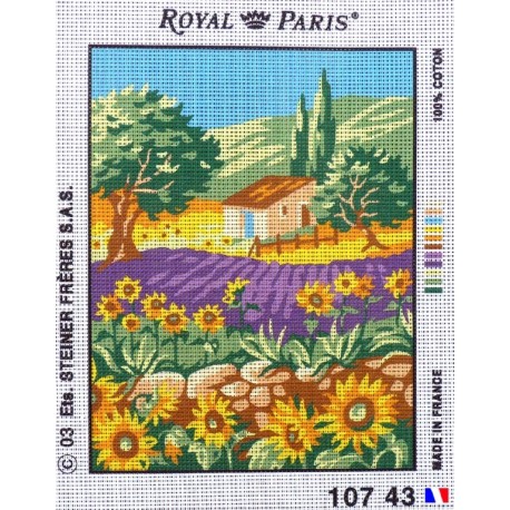 Canevas à broder 22 x 30 cm marque ROYAL PARIS thème "la cabane aux tournesols" fabrication française