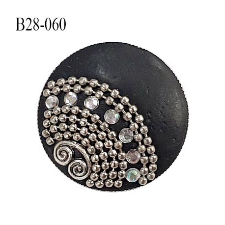Bouton 28 mm en métal couleur noir avec décor et strass accroche avec un anneau diamètre 28 mm épaisseur 6 mm prix à l'unité