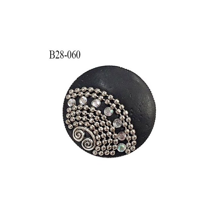 Bouton 28 mm en métal couleur noir avec décor et strass accroche avec un anneau diamètre 28 mm épaisseur 6 mm prix à l'unité