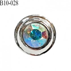 Bouton 10 mm en pvc couleur chrome et strass reflet arc en ciel accroche avec un anneau prix à l'unité