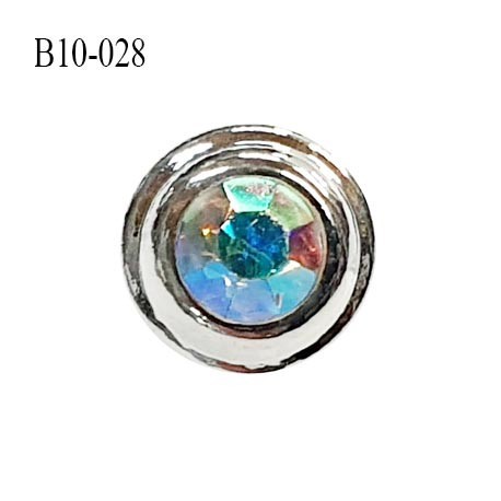 Bouton 10 mm en pvc couleur chrome et strass reflet arc en ciel accroche avec un anneau prix à l'unité