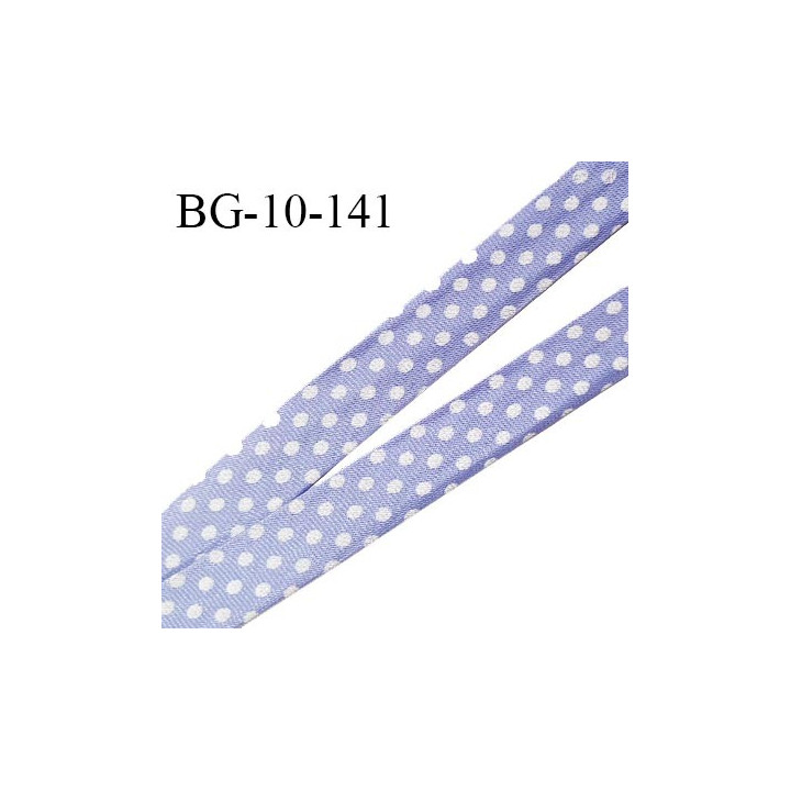 Biais galon 10 mm pré plié au dos 2 rabats de 10 mm polyester effet satiné couleur lavande à pois blanc prix au mètre