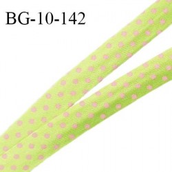 Biais galon 10 mm pré plié au dos 2 rabats de 10 mm polyester effet satiné couleur vert à pois rose largeur 10 mm prix au mètre