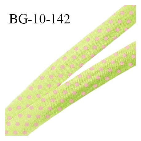 Biais galon 10 mm pré plié au dos 2 rabats de 10 mm polyester effet satiné couleur vert à pois rose largeur 10 mm prix au mètre