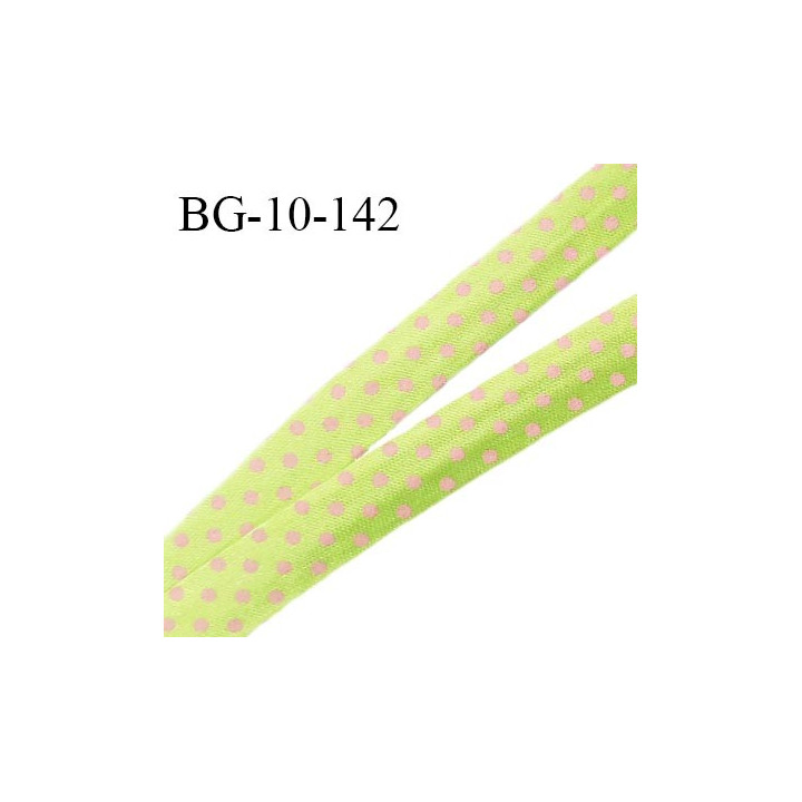 Biais galon 10 mm pré plié au dos 2 rabats de 10 mm polyester effet satiné couleur vert à pois rose largeur 10 mm prix au mètre