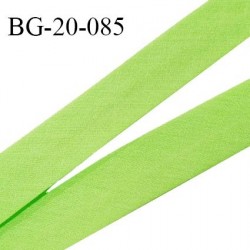 Biais galon 20 mm pré plié au dos 2 rabats de 10 mm coton polyester couleur vert pomme largeur 20 mm prix au mètre