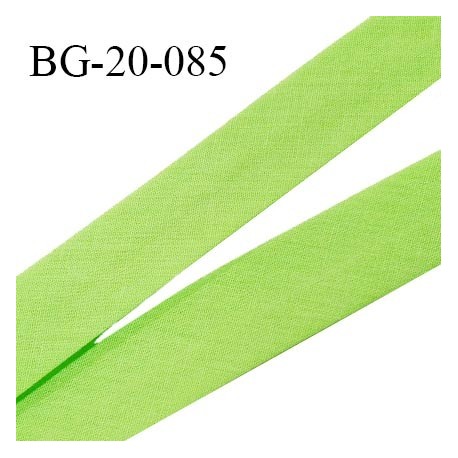 Biais galon 20 mm pré plié au dos 2 rabats de 10 mm coton polyester couleur vert pomme largeur 20 mm prix au mètre