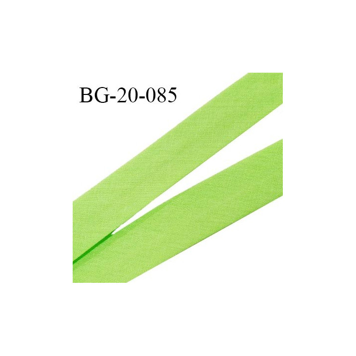 Biais galon 20 mm pré plié au dos 2 rabats de 10 mm coton polyester couleur vert pomme largeur 20 mm prix au mètre