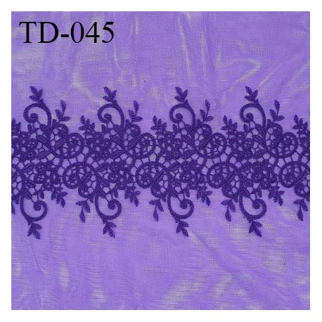 Dentelle brodée sur tulle extensible couleur violet haut de gamme largeur 35 cm prix pour 10 cm de longueur