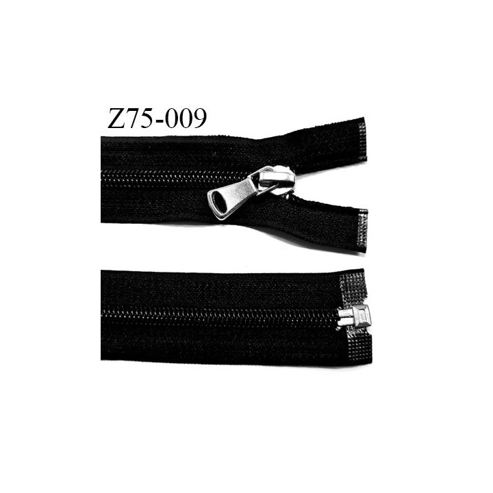 Fermeture zip glissière  longueur 75 cm couleur noir séparable zip nylon largeur 3,2 cm curseur métal largeur de glissière 6 mm