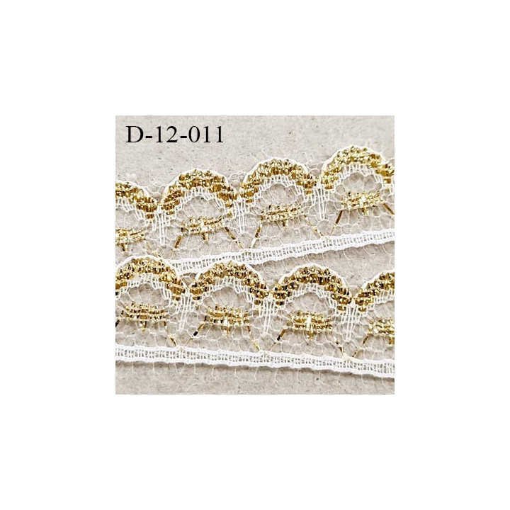Dentelle 12 mm synthétique couleur blanc et or doré très lumineux largeur 12 mm prix au mètre