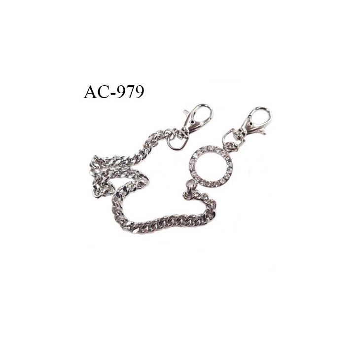 Chaine avec strass 2 fermoirs vrai bijoux en métal chromé maile plate largeur 6 mm longueur 37 cm largeur 9 mm très très belle