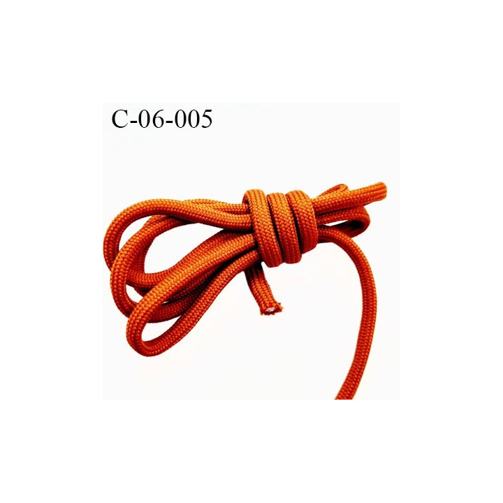 Cordon ou Lacet rond 6 mm synthétique couleur orange foncé très solide fabriqué Europe diamètre 6 mm prix au mètre