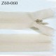 Fermeture zip glissière invisible crème longueur 60 cm largeur 2.5 cm couleur crème écru non séparable largeur de glissière 4 mm