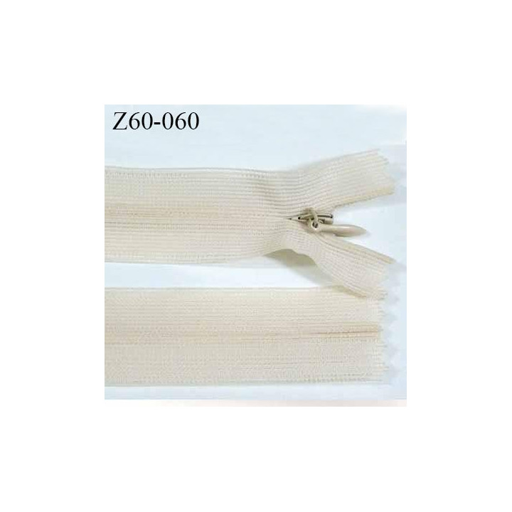 Fermeture zip glissière invisible crème longueur 60 cm largeur 2.5 cm couleur crème écru non séparable largeur de glissière 4 mm