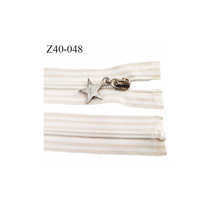 fermeture zip à glissière longueur 40 cm  largeur 3.2 cm couleur blanc et beige séparable zip nylon  largeur du zip 6 mm