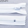 Fermeture 25 cm zip à glissière couleur blanc non séparable longueur 25 cm largeur 2.5 cm glissière nylon largeur 4 mm