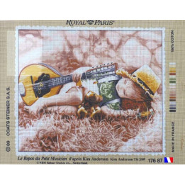Canevas à broder 45 x 65 cm marque ROYAL PARIS thème LE REPOS DU PETIT MUSICIEN  d'après Kim ANDERSON fabrication française