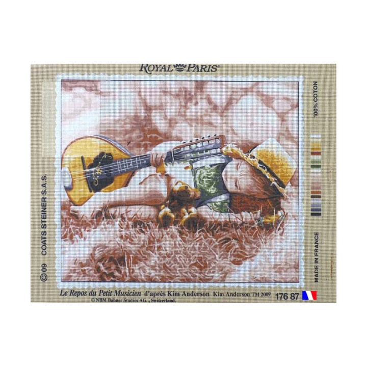 Canevas à broder 45 x 65 cm marque ROYAL PARIS thème LE REPOS DU PETIT MUSICIEN  d'après Kim ANDERSON fabrication française