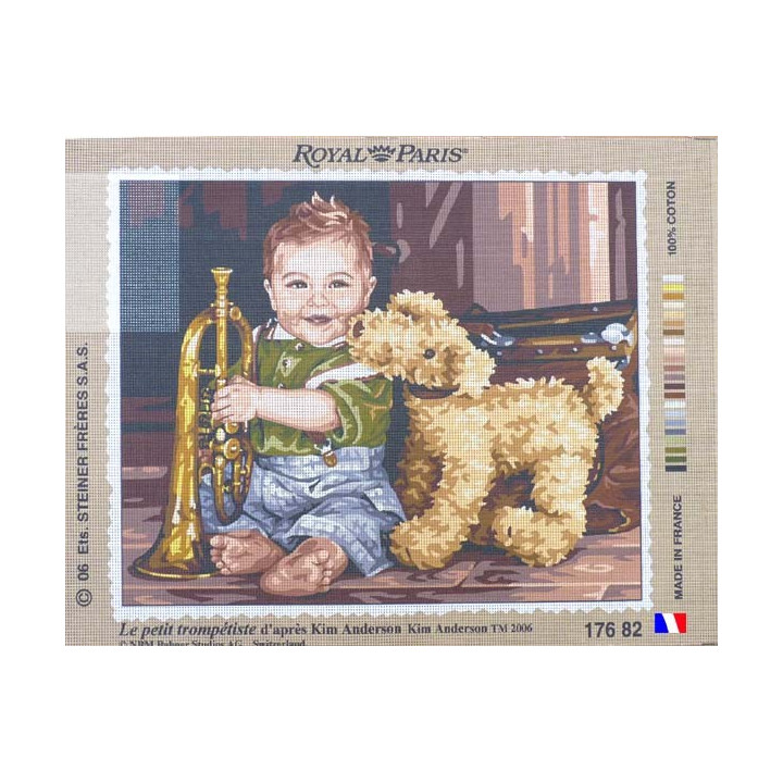Canevas à broder 45 x 65 cm marque ROYAL PARIS thème LE PETIT TROMPETISTE d'après Kim ANDERSON fabrication française