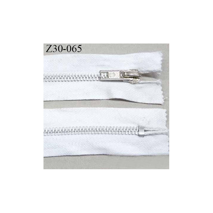 Fermeture zip à glissière  longueur 30 cm couleur blanc en coton non séparable largeur 3 cm glissière métal alu largeur 6 mm