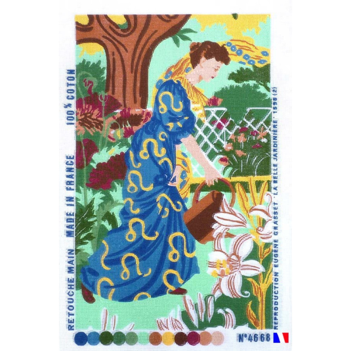 Canevas à broder 40 x 60 cm  thème femme à l'arrosoir retouché main fabrication française