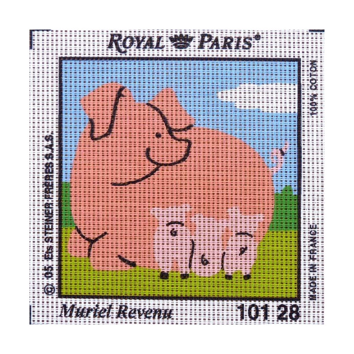 Canevas à broder ENFANT 15 x 15 cm marque ROYAL PARIS thème de Muriel Revenu le cochon fabrication française