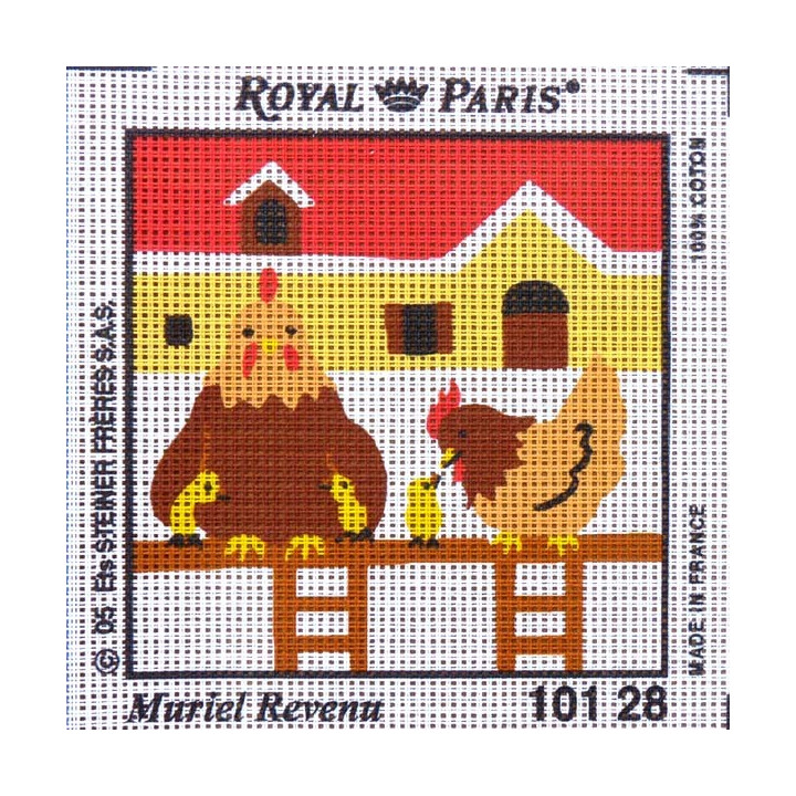 Canevas à broder ENFANT 15 x 15 cm marque ROYAL PARIS thème de Muriel Revenu les poules fabrication française